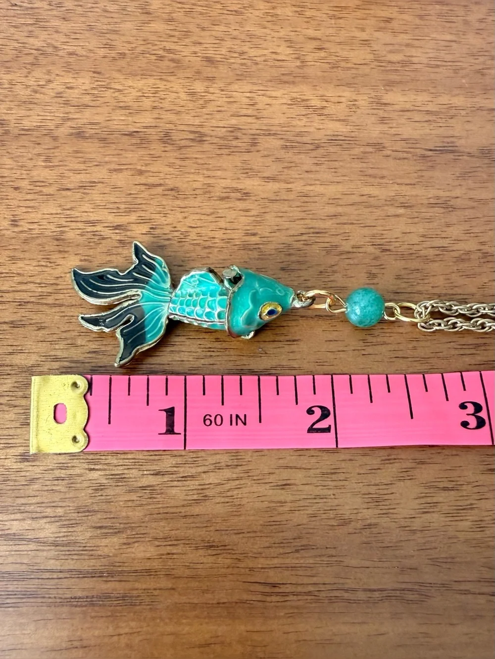 Vintage Green Cloisonné Enamel Articulated Koi Fish Pendant Necklace Gold-tone